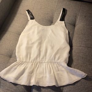 Aqua White Silk Top with Black Leather Trim